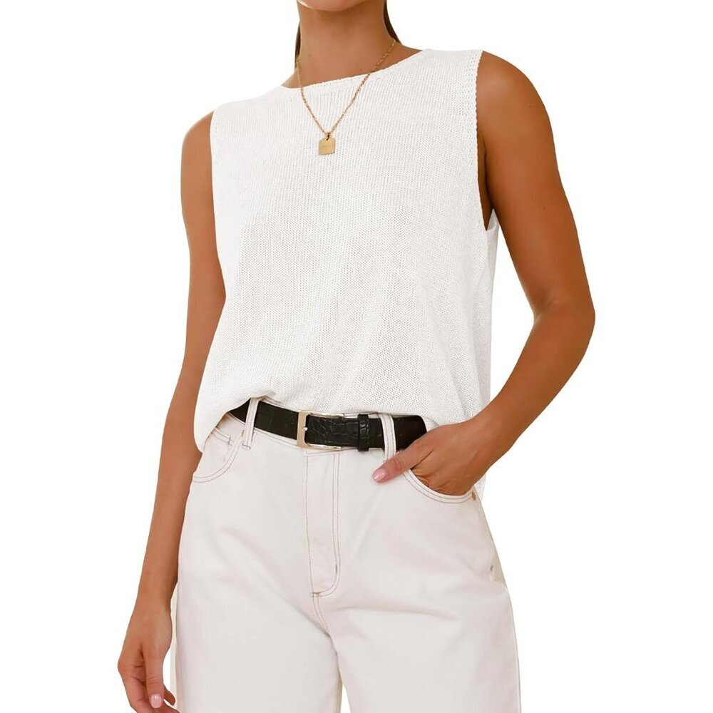 🆕Btfbm Women White Sleeveless Crew Ribbed Knit Lightweight Pullover Sweaters